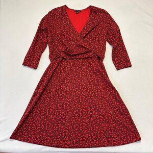 Lands End Faux Wrap Dress Size M Red 3/4 Sleeve A-Line Holiday Office Classic